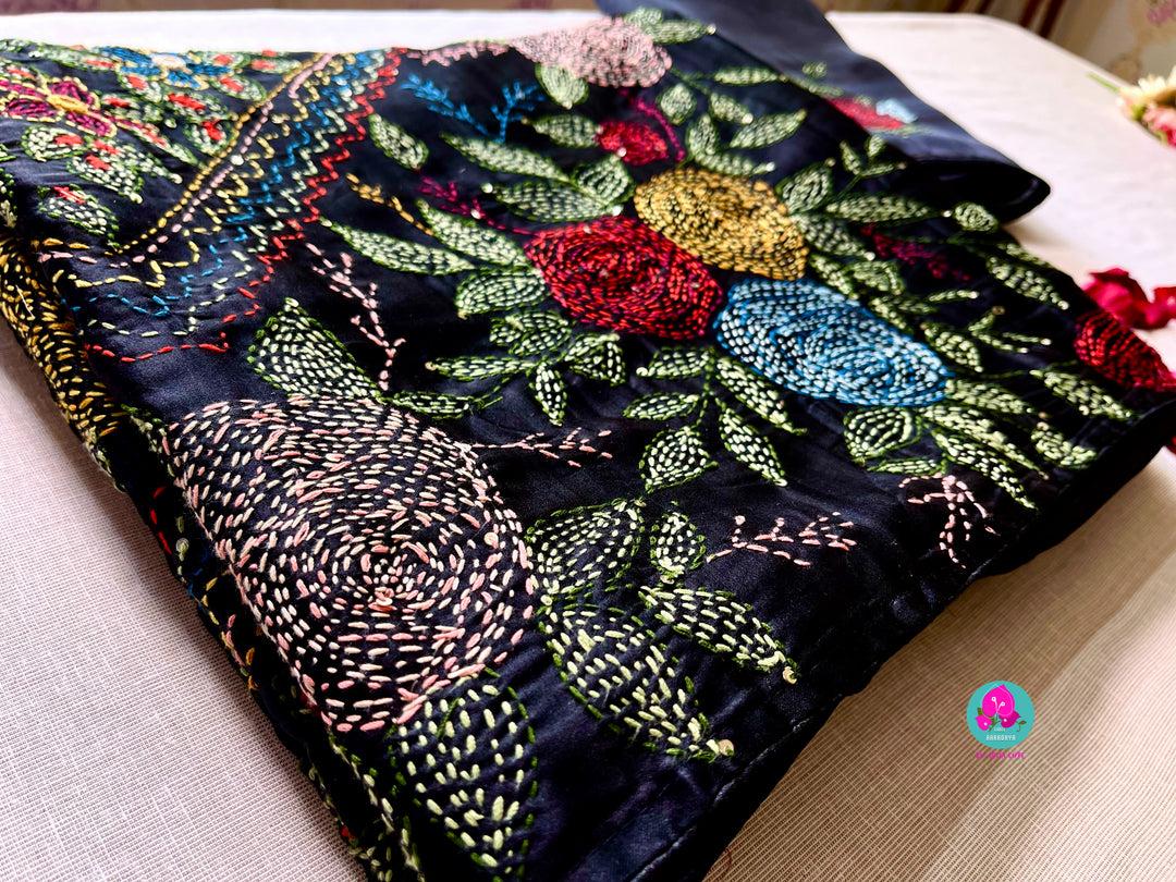 Black semi tussar silk hand embroidered kantha work saree