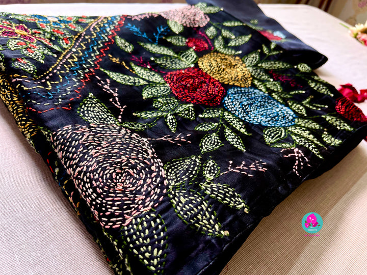 Black semi tussar silk hand embroidered kantha work saree