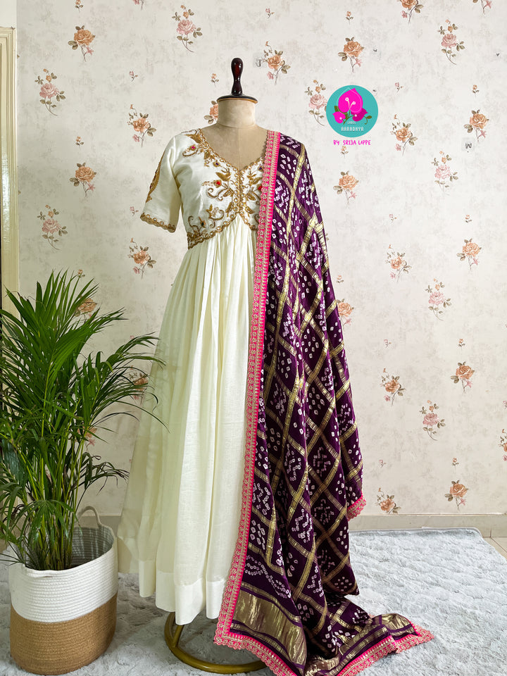 Gaji silk handmade Bandhej dupatta paired with hand embroidered Anarkali frock