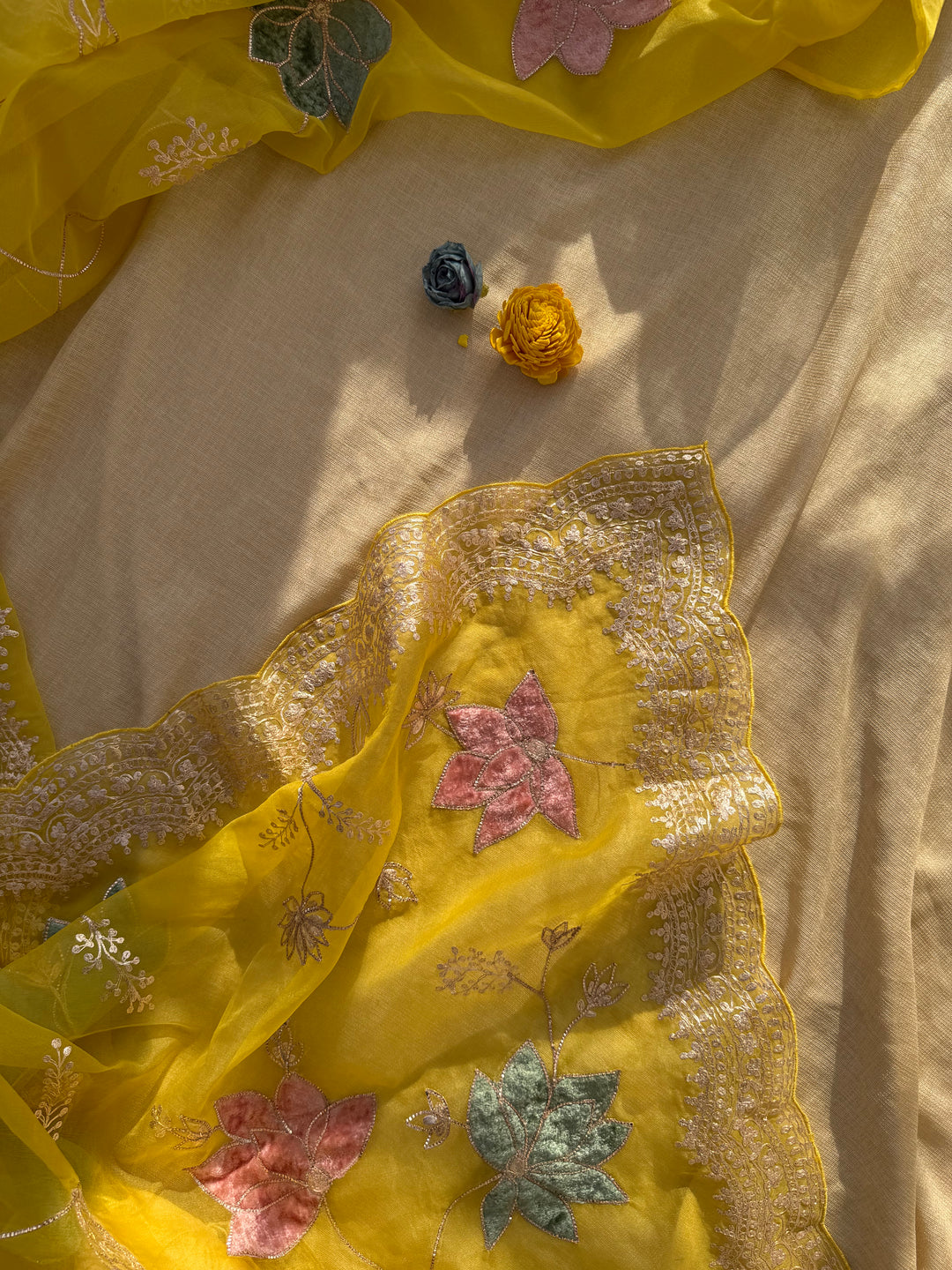 Sunshine Yellow Organza Saree with Velvet Appliqué and Pita Hand Work
