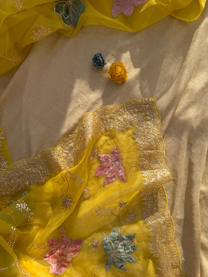 Sunshine Yellow Organza Saree with Velvet Appliqué and Pita Hand Work
