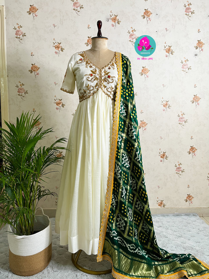 Gaji silk handmade Bandhej dupatta paired with hand embroidered Anarkali frock