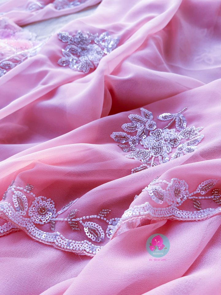 Hand embroidered georgette Pink saree with Embellished Net Fashion Blouse