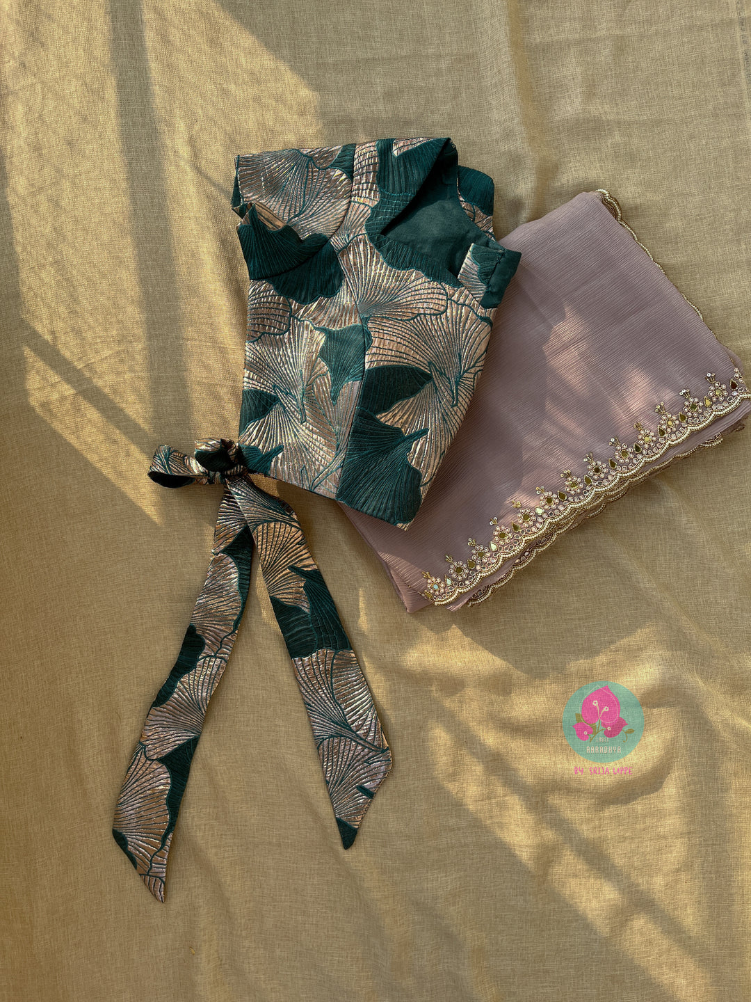 Pastel peach chiffon georgette hand embroidered saree with embossed fashion blouse