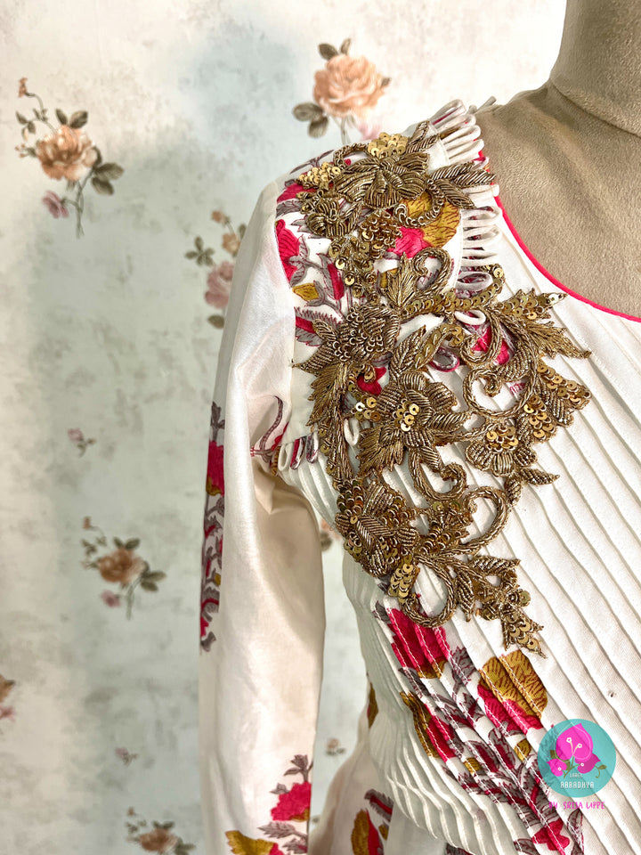Paneled floral Chanderi silk anarkali with Ajrakh print dupatta