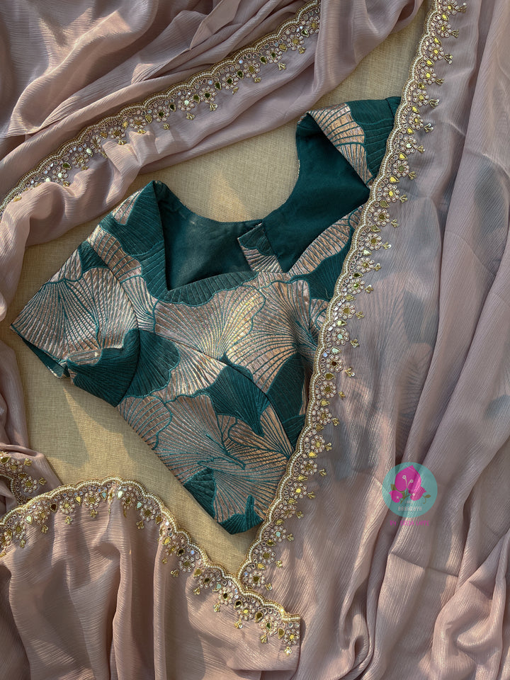 Pastel peach chiffon georgette hand embroidered saree with embossed fashion blouse