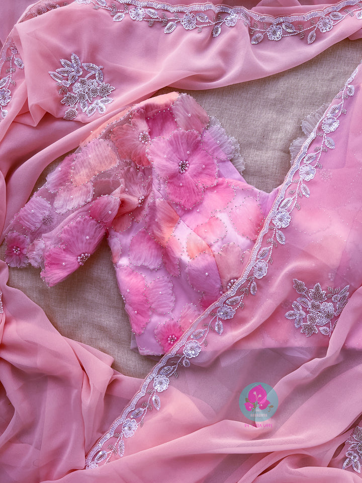 Hand embroidered georgette Pink saree with Embellished Net Fashion Blouse