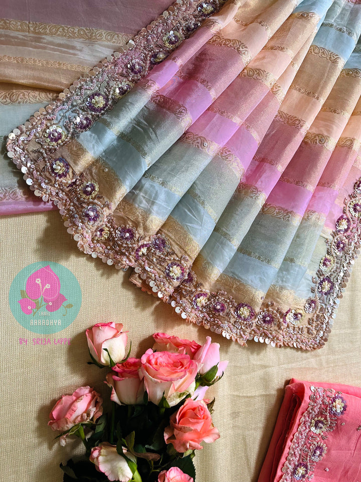 Multi-shaded tissue hand embroidered georgette saree