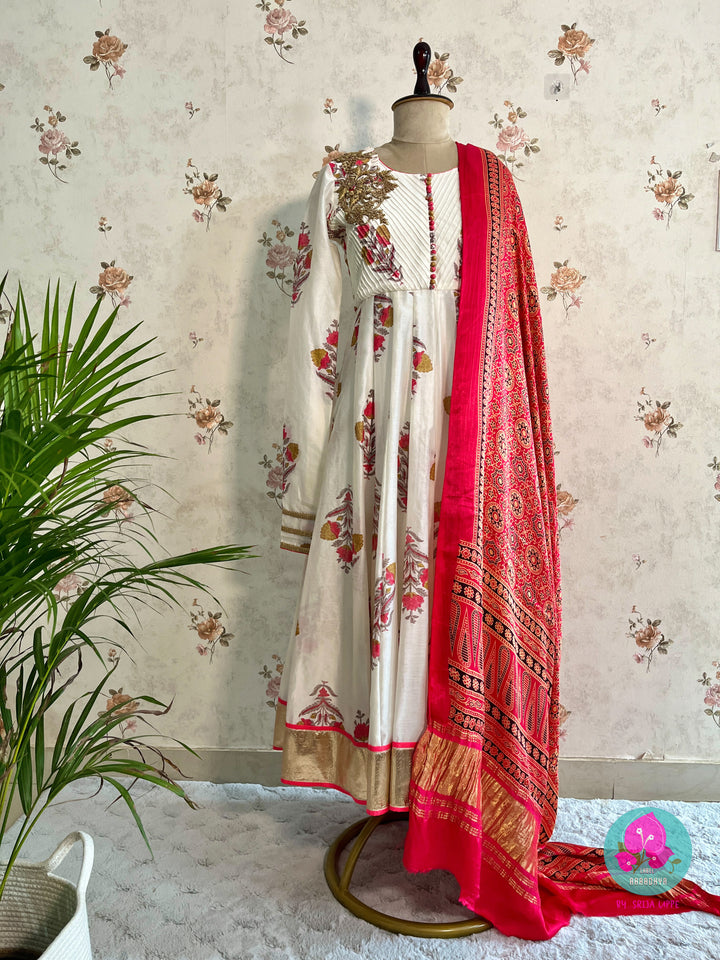 Paneled floral Chanderi silk anarkali with Ajrakh print dupatta