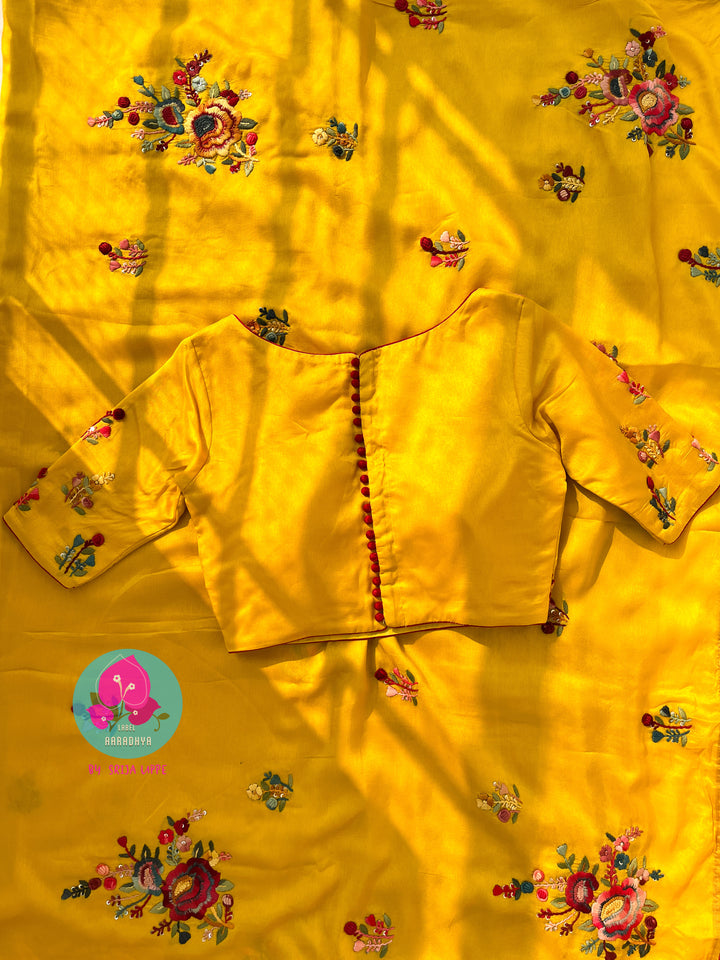 Hand embroidered Russian silk saree with blouse