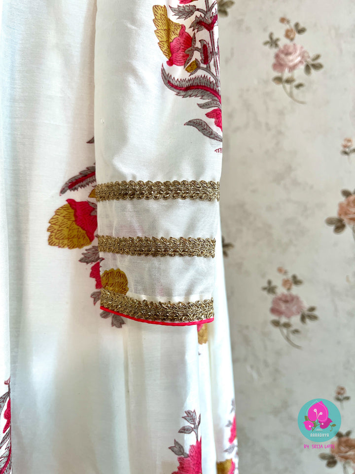 Paneled floral Chanderi silk anarkali with Ajrakh print dupatta
