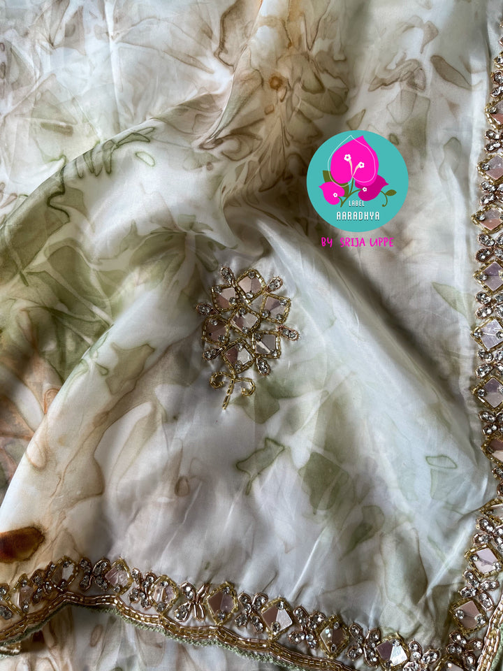 Satin hand embroidered Georgette saree