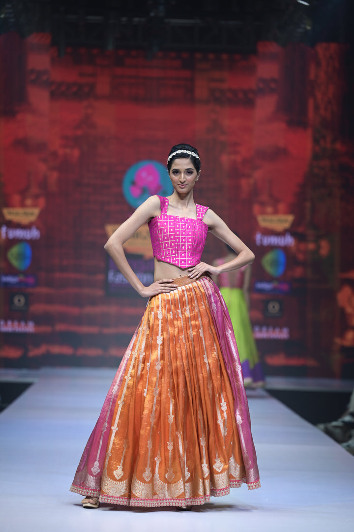 Orange & Pink pleated Tissue Lehenga