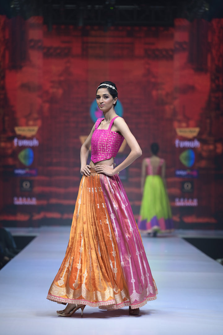 Orange & Pink pleated Tissue Lehenga