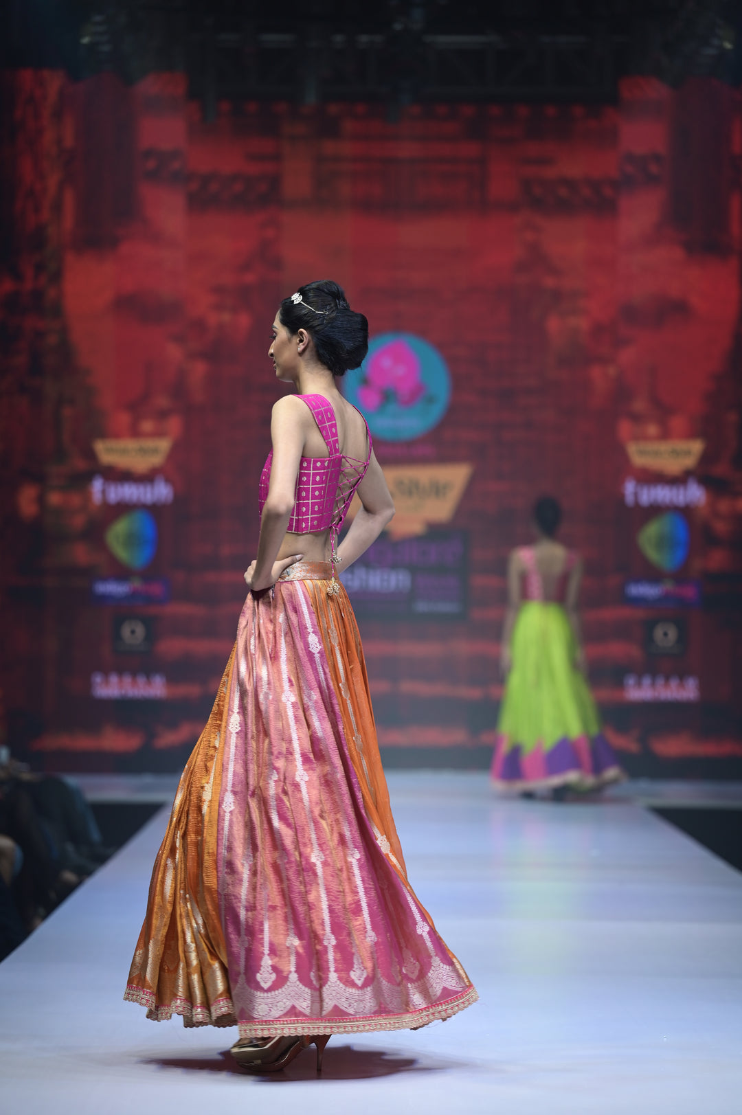 Orange & Pink pleated Tissue Lehenga