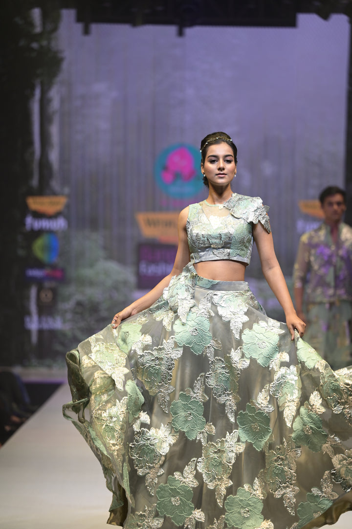 Floral Jacquard Organza Lehenga for Sangeet