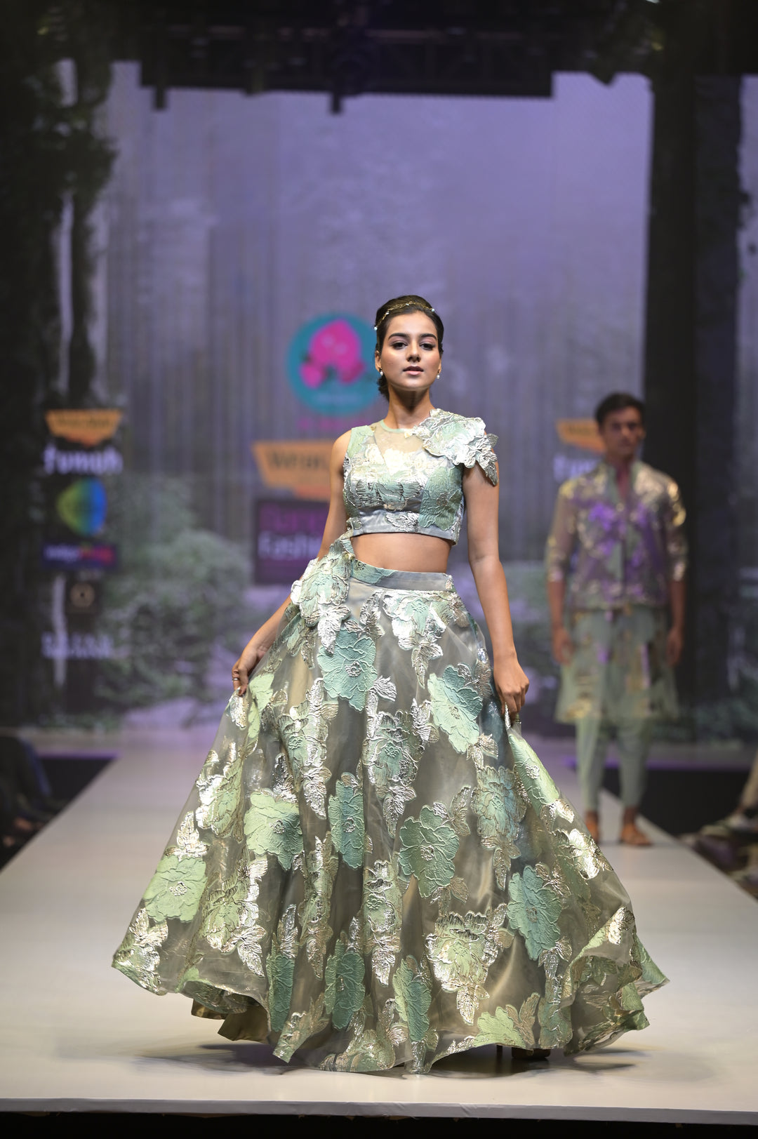 Floral Jacquard Organza Lehenga for Sangeet