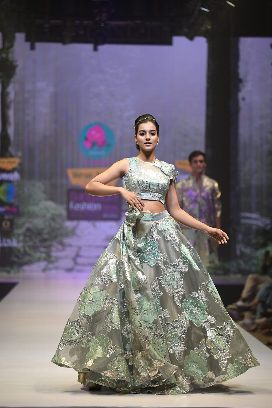 Floral Jacquard Organza Lehenga for Sangeet