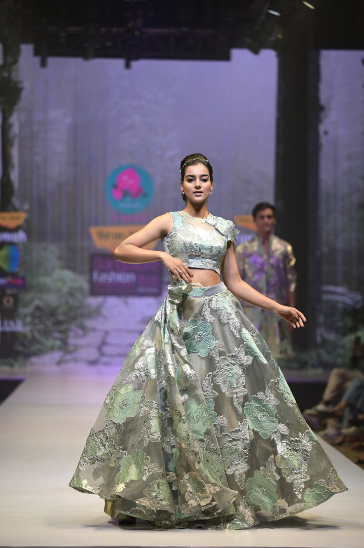 Floral Jacquard Organza Lehenga for Sangeet