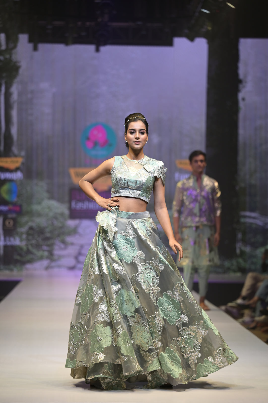 Floral Jacquard Organza Lehenga for Sangeet