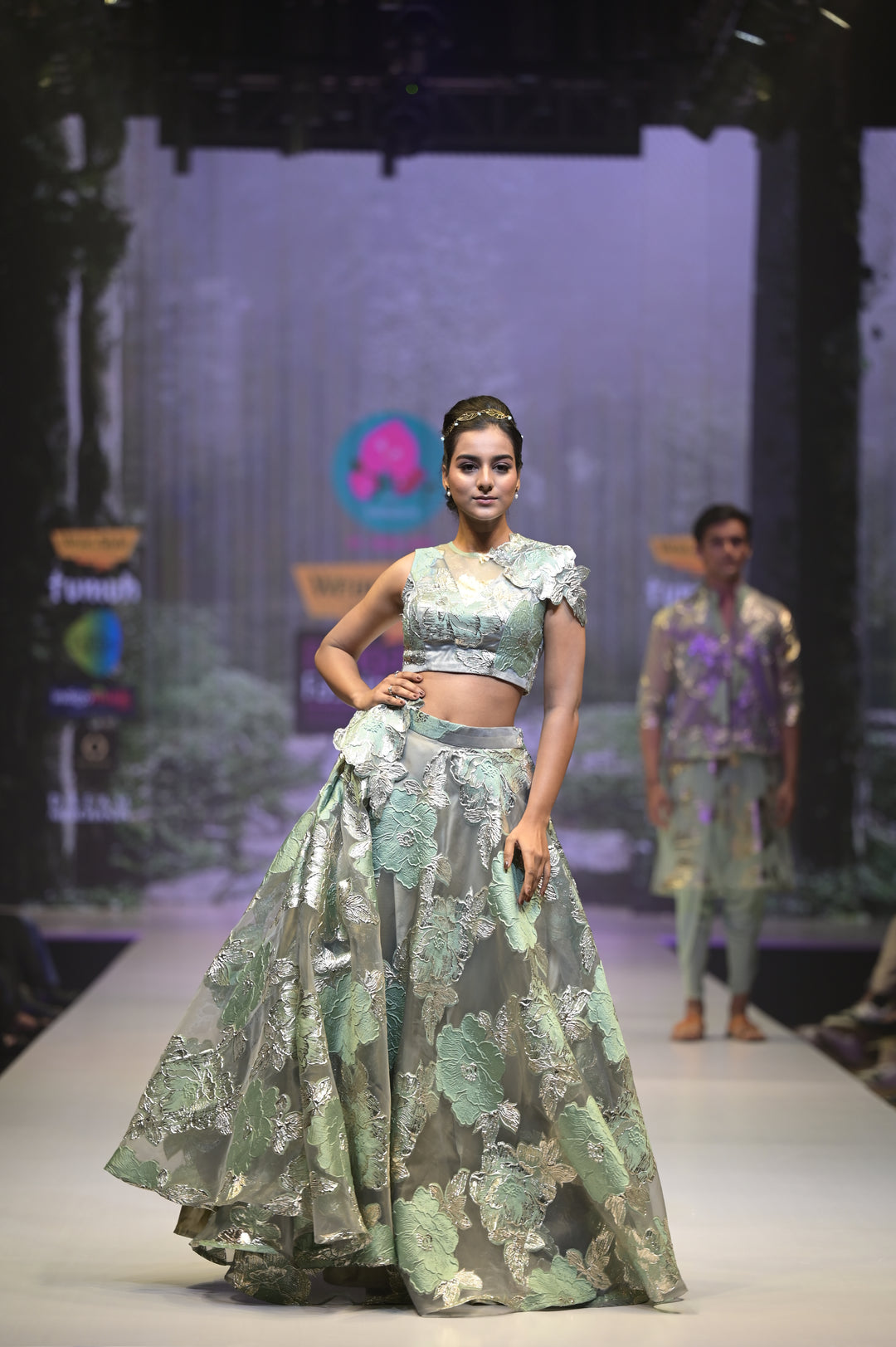 Floral Jacquard Organza Lehenga for Sangeet
