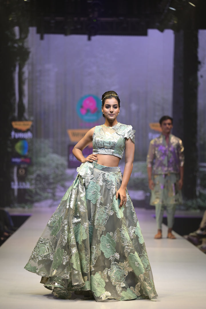 Floral Jacquard Organza Lehenga for Sangeet