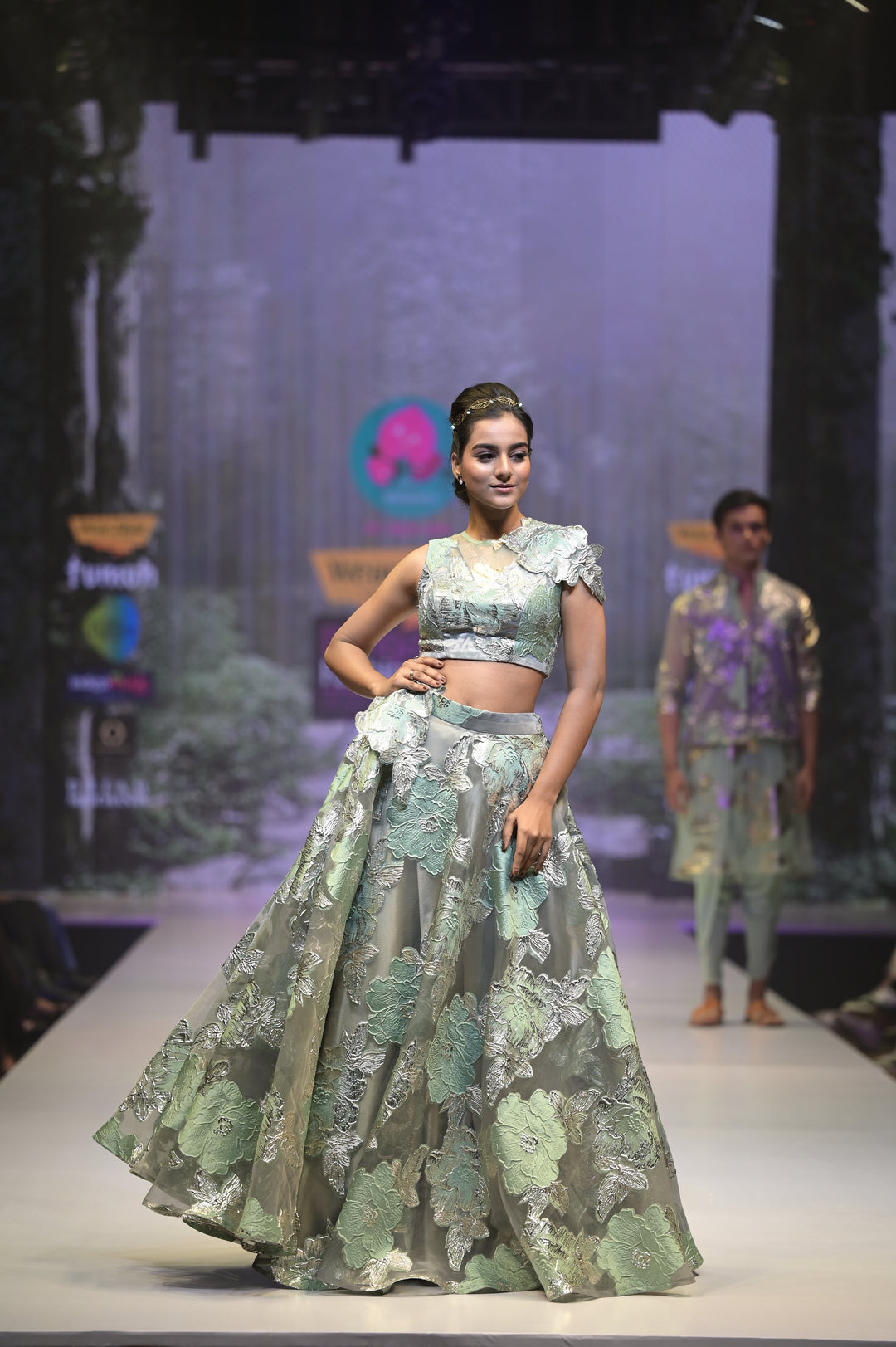 Floral Jacquard Organza Lehenga for Sangeet