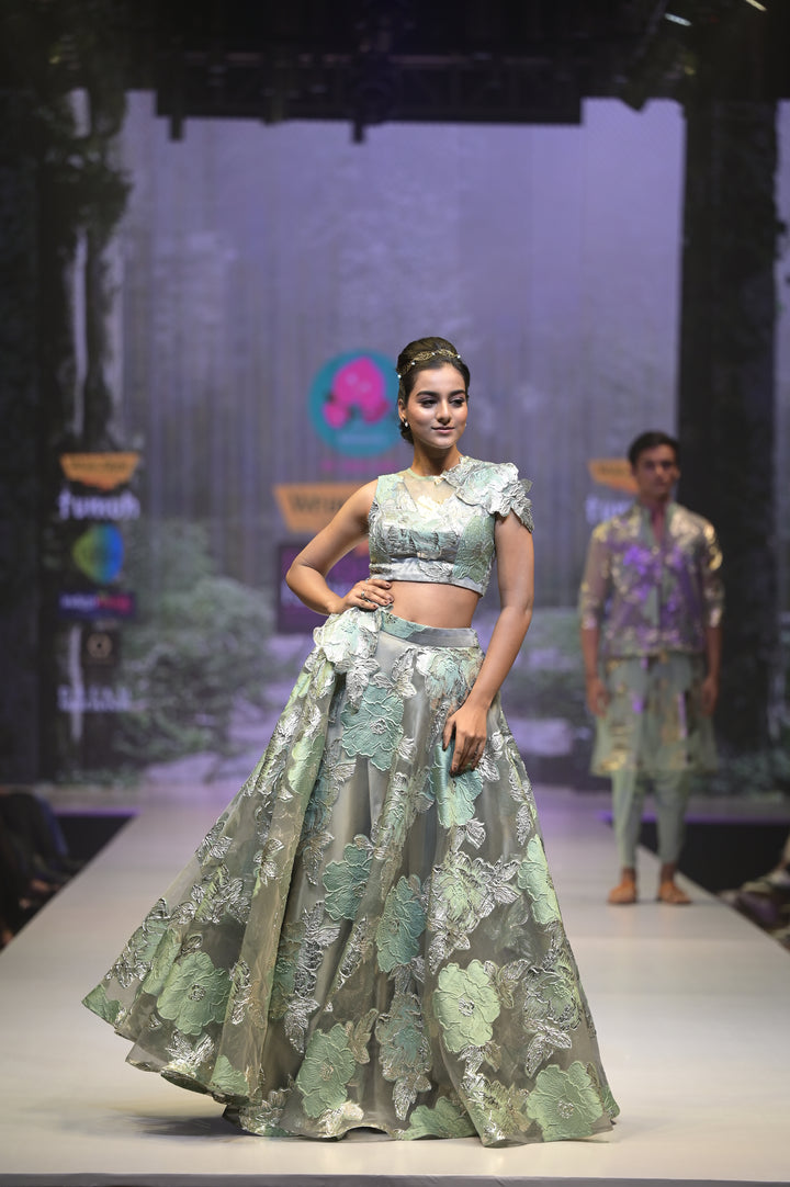 Floral Jacquard Organza Lehenga for Sangeet