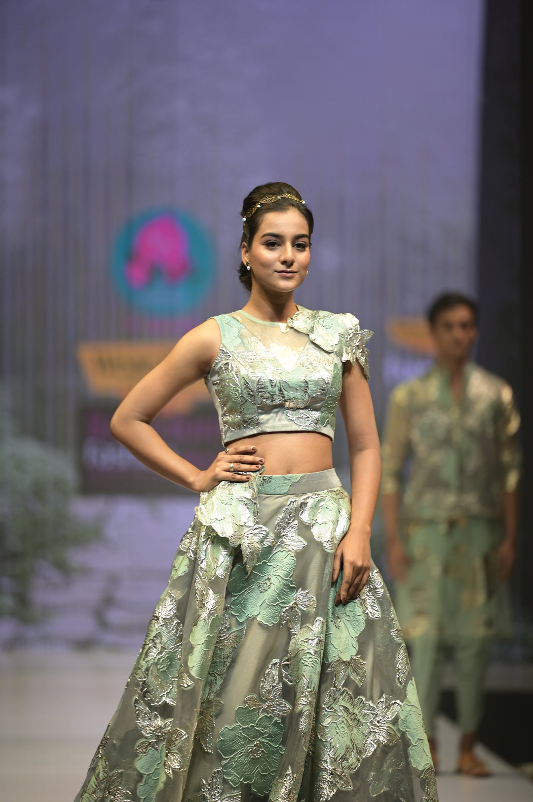 Floral Jacquard Organza Lehenga for Sangeet