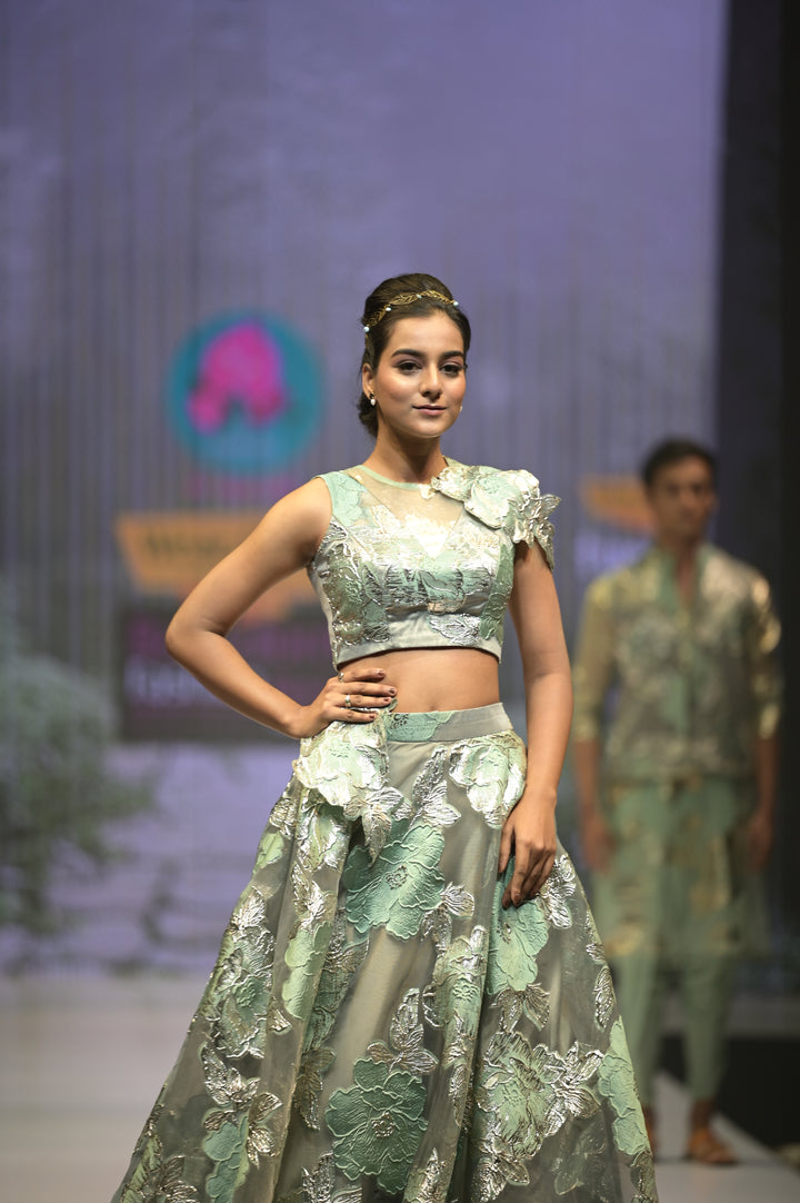 Floral Jacquard Organza Lehenga for Sangeet