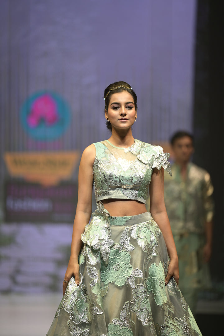 Floral Jacquard Organza Lehenga for Sangeet