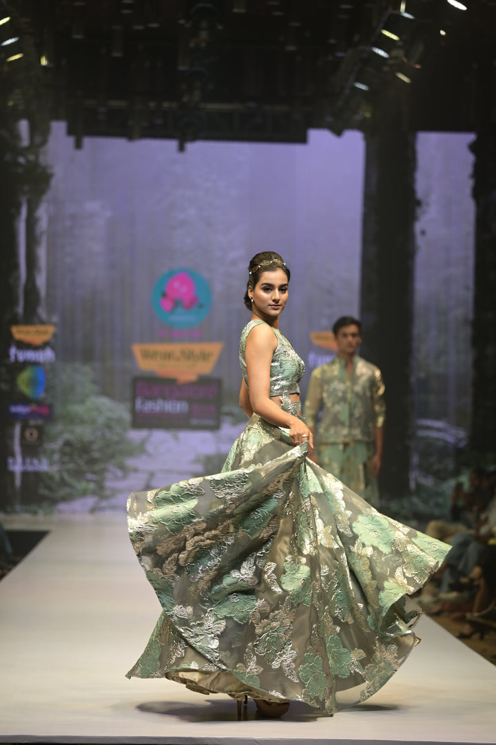 Floral Jacquard Organza Lehenga for Sangeet