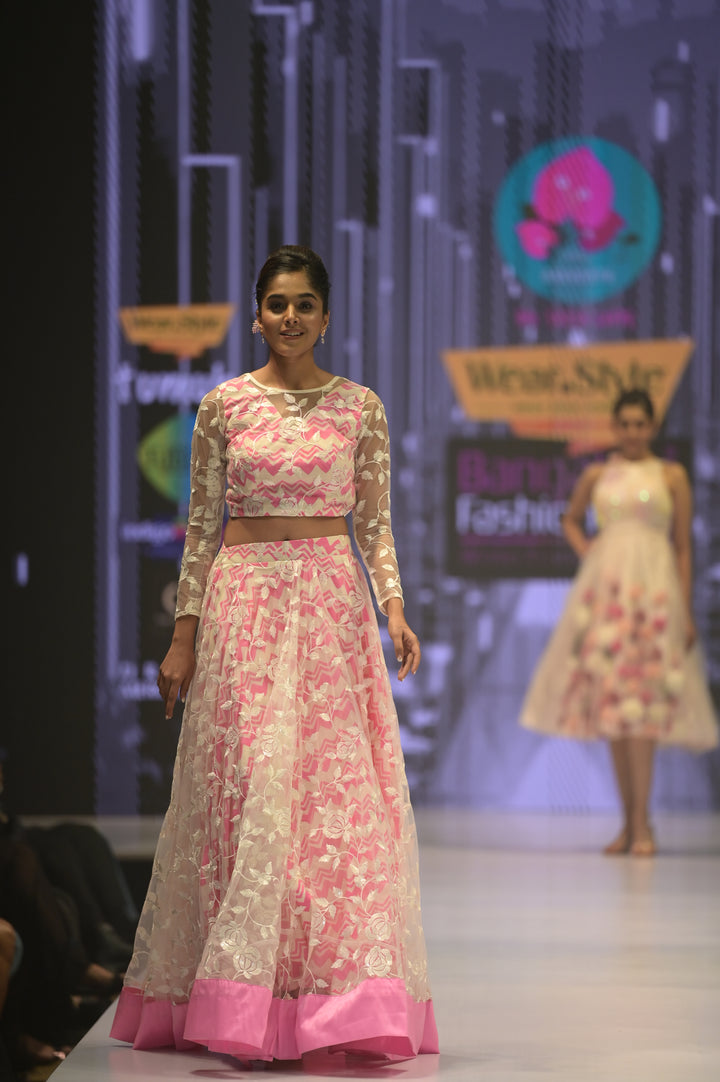 Chevron printed crape with Embroidered net Lehenga