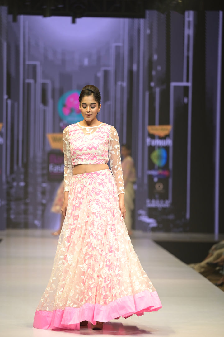 Chevron printed crape with Embroidered net Lehenga