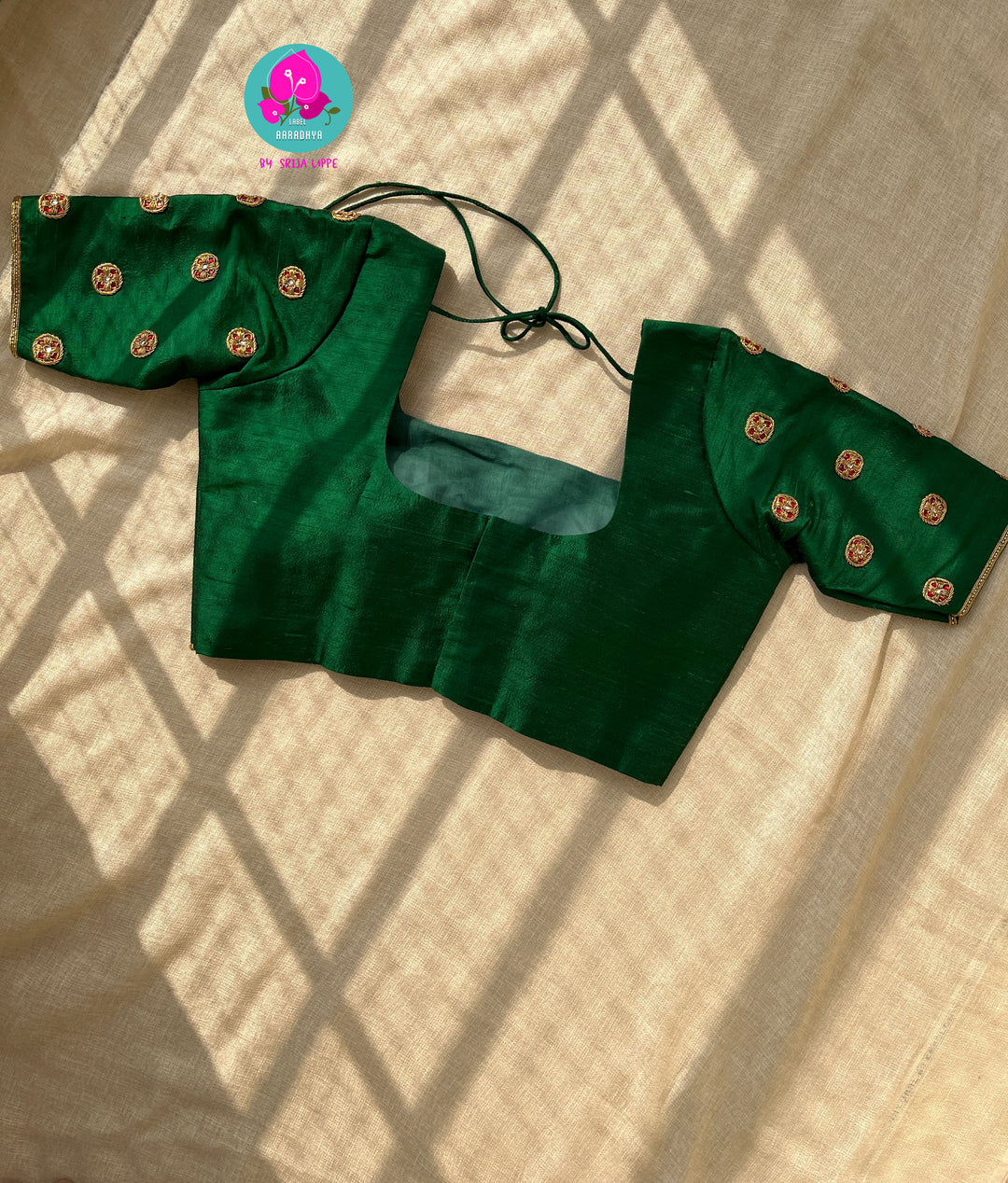 Bottle green Hand Embroidered Pure Raw Silk blouse