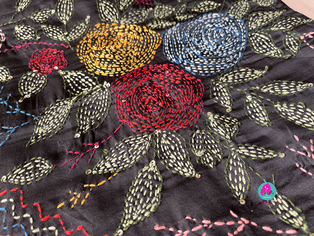 Black semi tussar silk hand embroidered kantha work saree