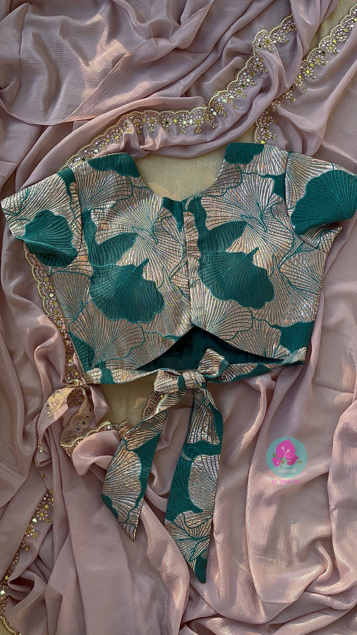 Pastel peach chiffon georgette hand embroidered saree with embossed fashion blouse