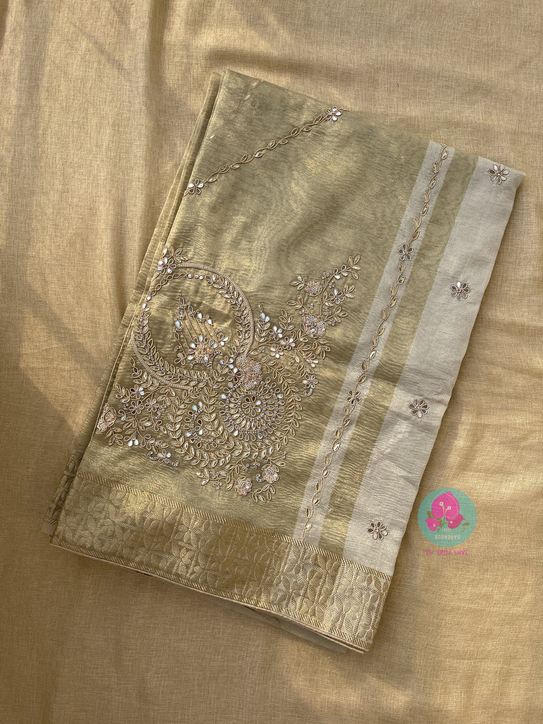 Antique Gold Tissue silk Hand Embroidered Saree