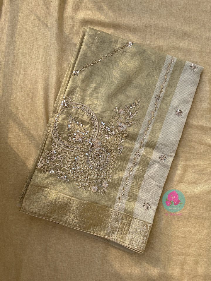 Antique Gold Tissue silk Hand Embroidered Saree