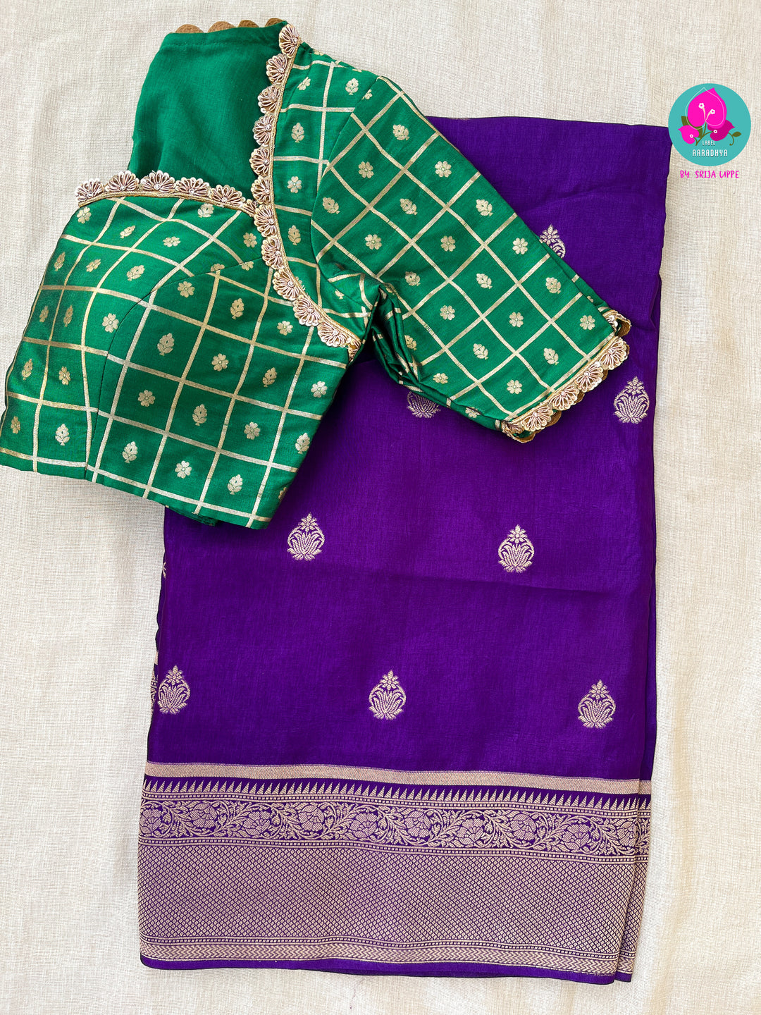 Russian Silk deep purple Saree with green Banarasi Checkered blouse