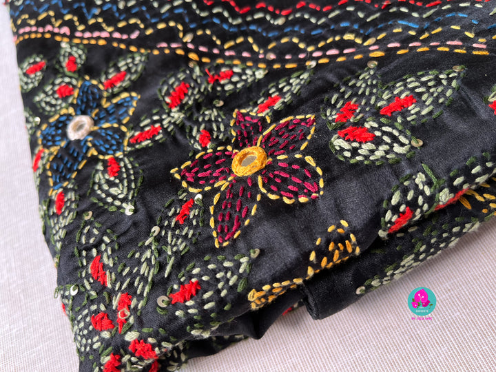 Black semi tussar silk hand embroidered kantha work saree