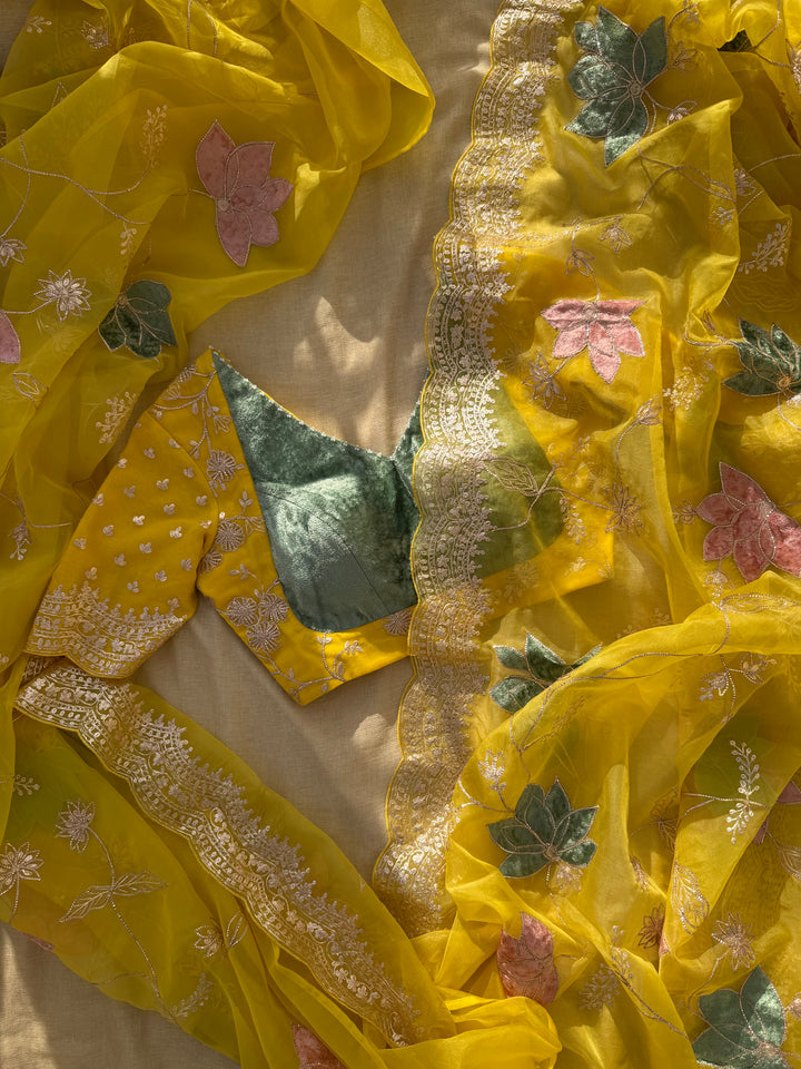 Sunshine Yellow Organza Saree with Velvet Appliqué and Pita Hand Work