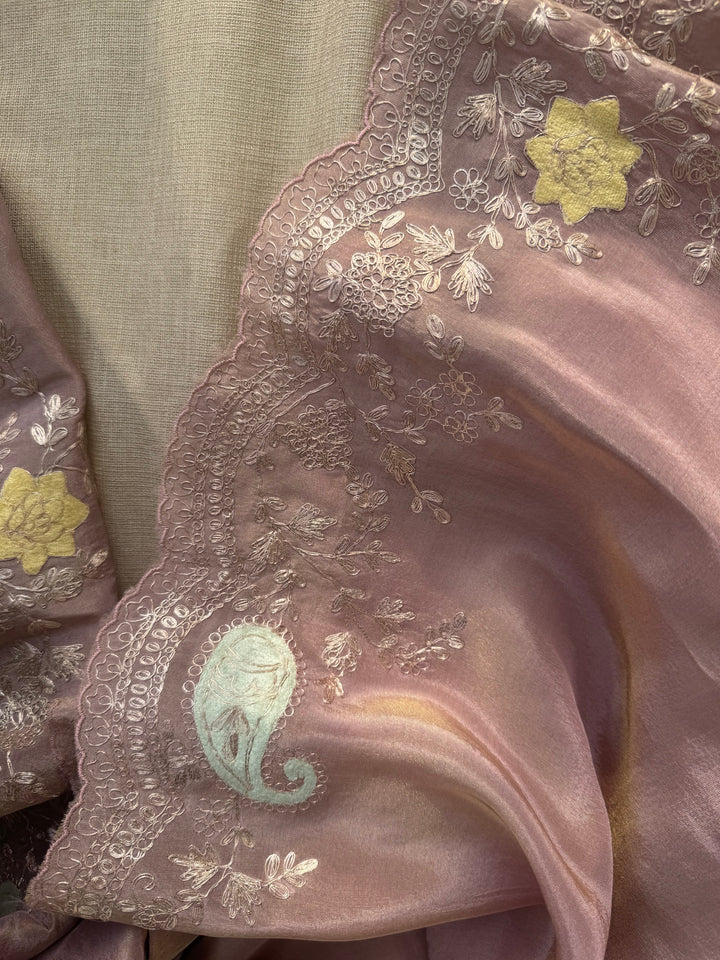 Mauve Brown Organza Saree with Velvet Appliqué & Pita Handwork (Paired with Yellow Fusion Blouse)
