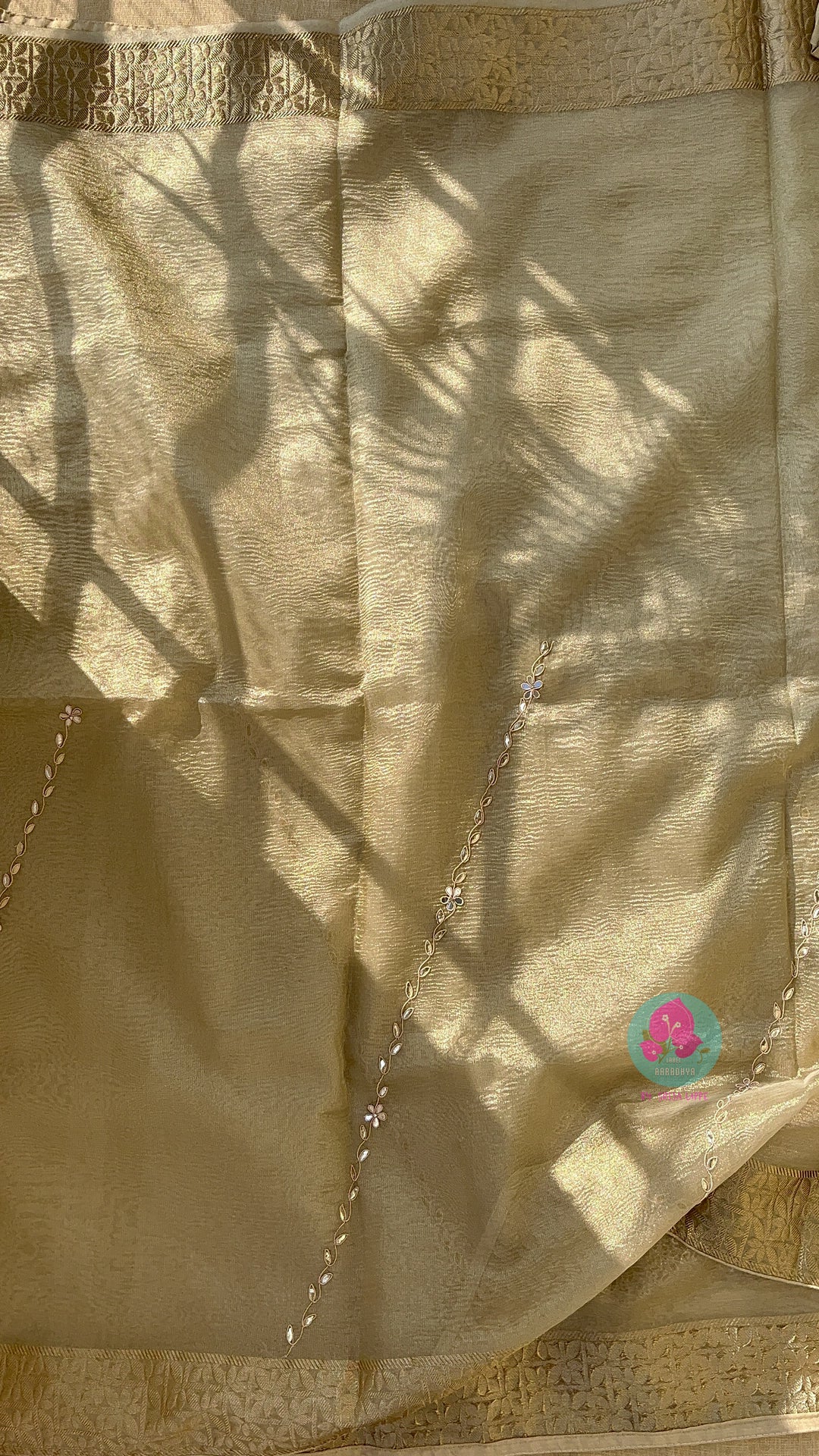 Antique Gold Tissue silk Hand Embroidered Saree