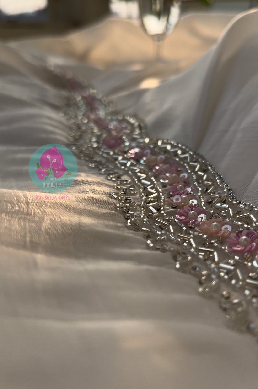 Crushed satin silk saree with sequins embroidery