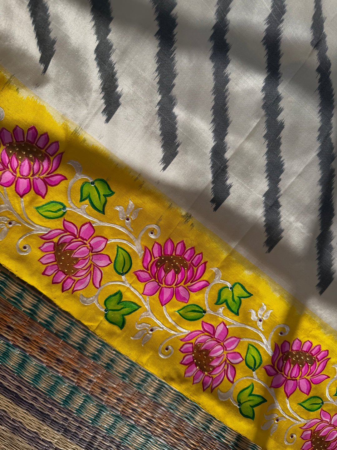 A Heritage Fusion: Hand-Painted Tanjore Lotus Pure Ikkat Silk Saree