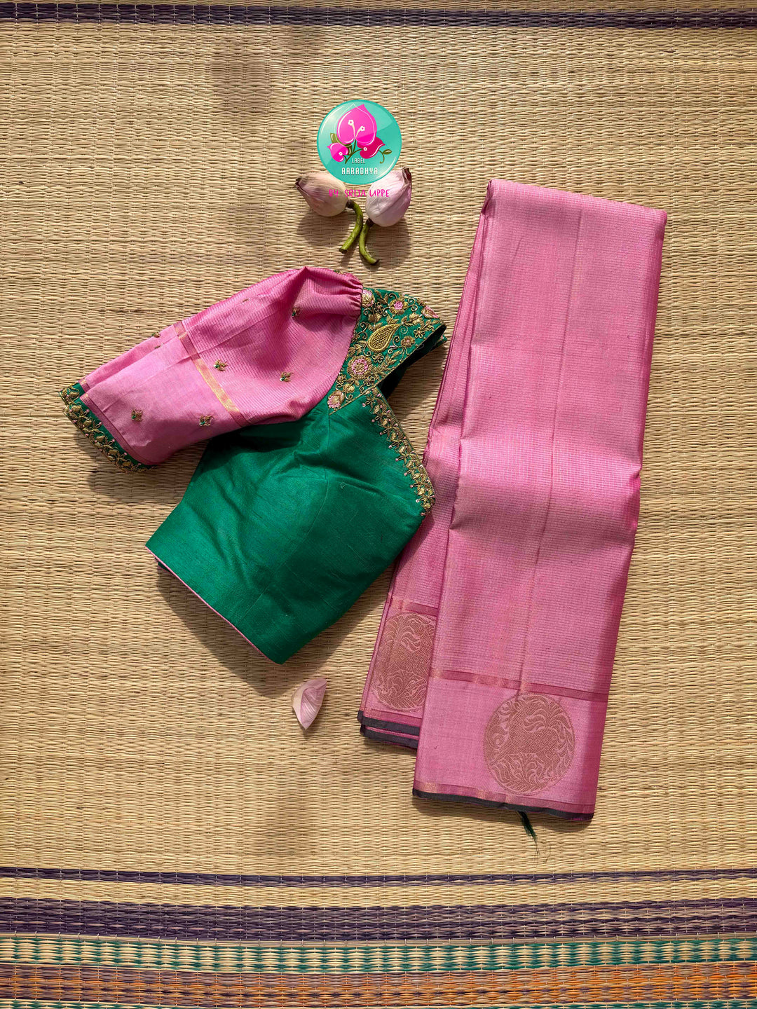 Rose Gold & Emerald Blossom: The Pastel Pink Vaira Oosi Kanchipattu & Emerald Fusion Blouse