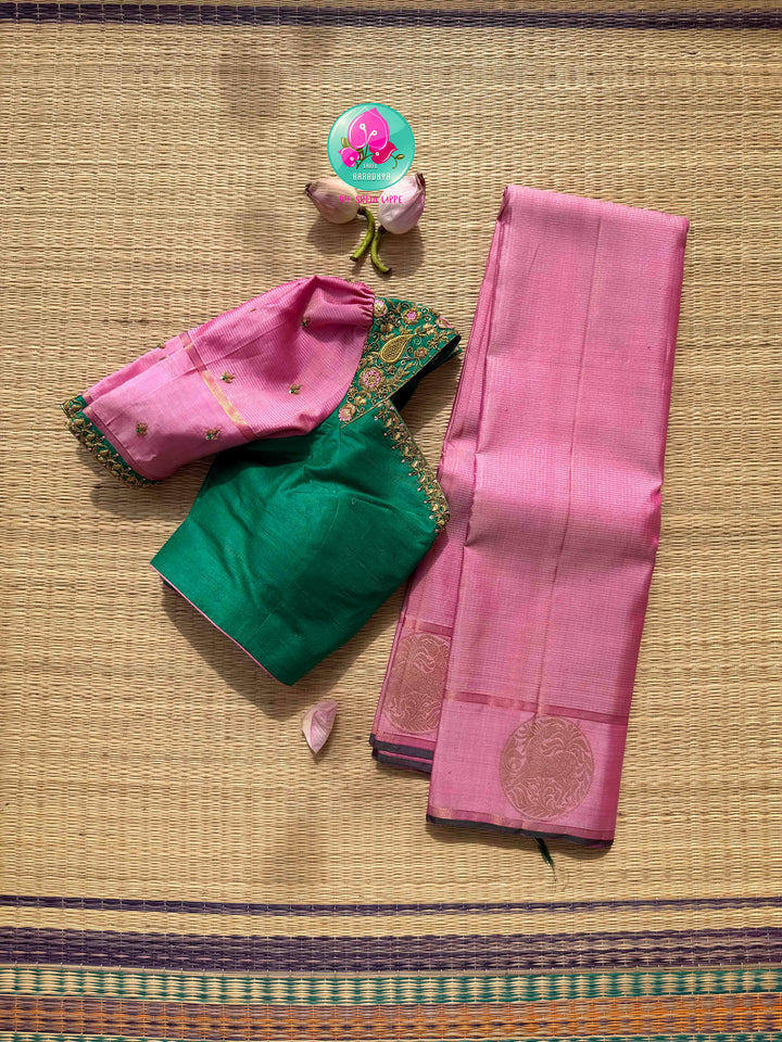 Rose Gold & Emerald Blossom: The Pastel Pink Vaira Oosi Kanchipattu & Emerald Fusion Blouse