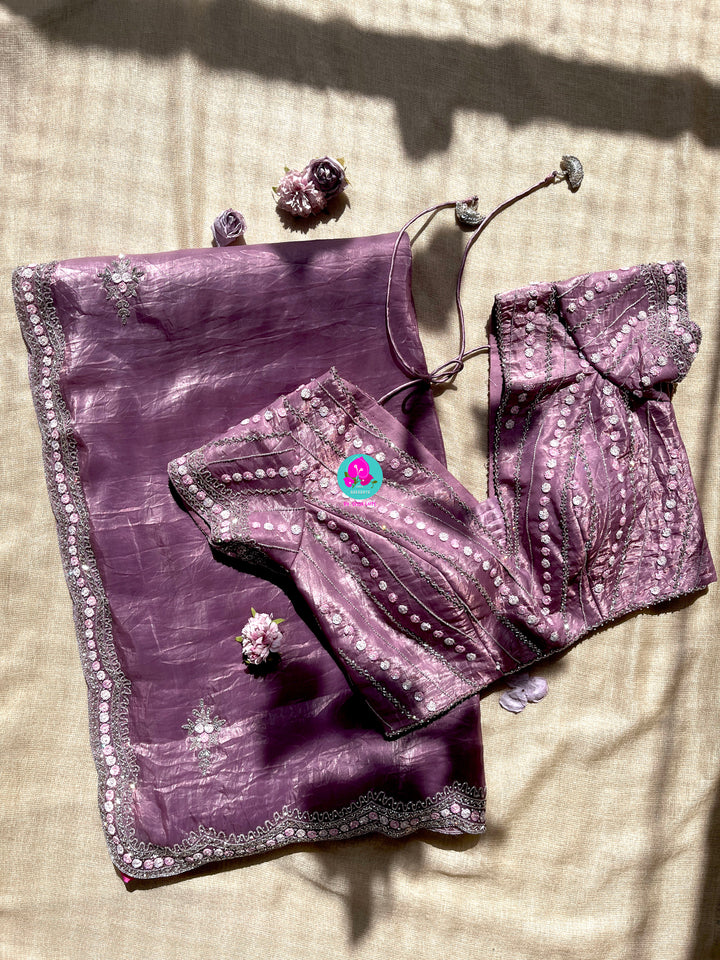Crushed satin silk saree with sequins embroidery paired with Crushed satin sequins blouse