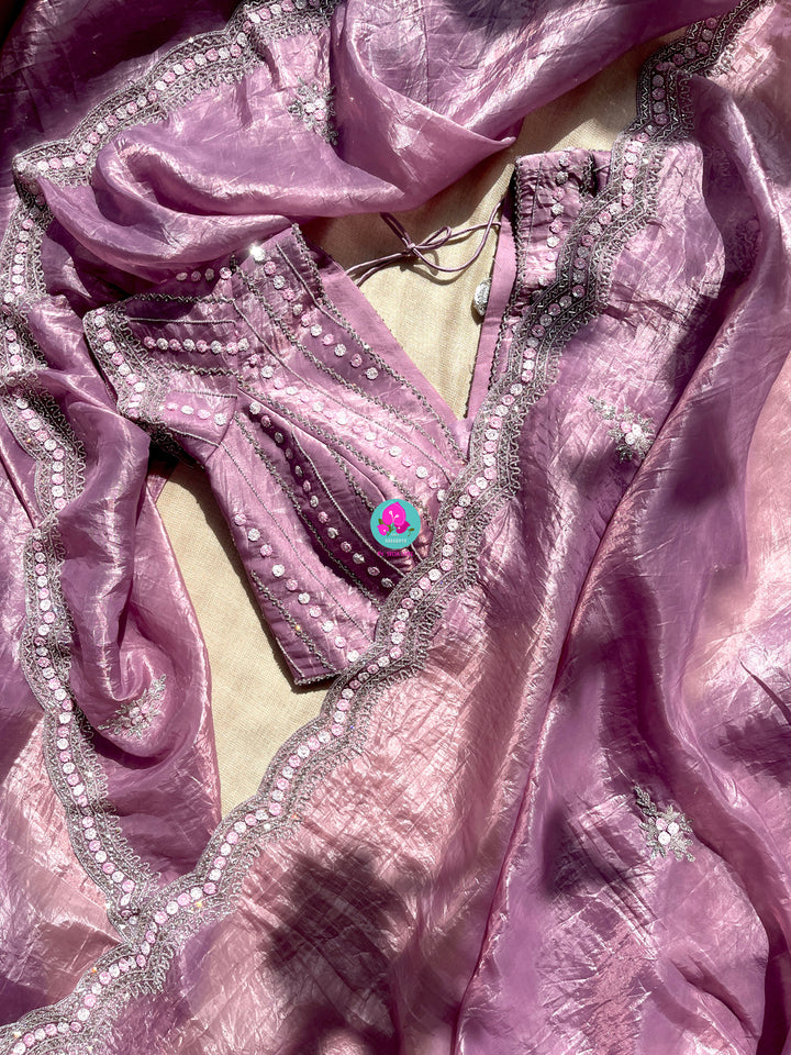 Crushed satin silk saree with sequins embroidery paired with Crushed satin sequins blouse